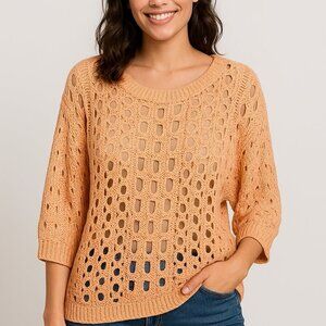Rondina NY Pointelle Open Knit Sweater Blush Orange XS S NWT Lightweight